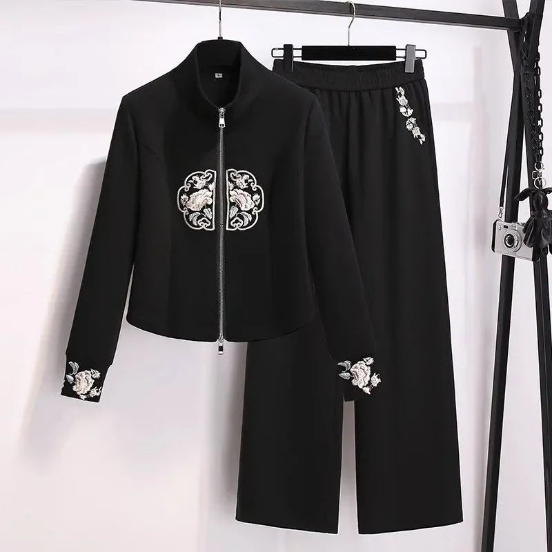 Nivia Casual Women’s Sportswear Set – Black Chinese-Inspired Embroidered Sweatshirt & Wide-Leg Pants