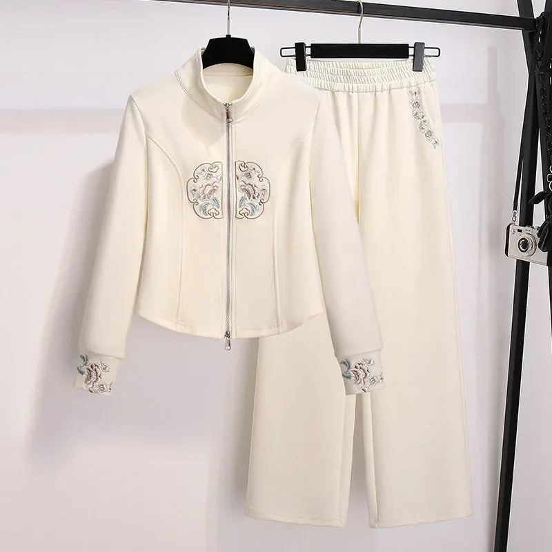 Nivia Casual Women’s Sportswear Set – Black Chinese-Inspired Embroidered Sweatshirt & Wide-Leg Pants